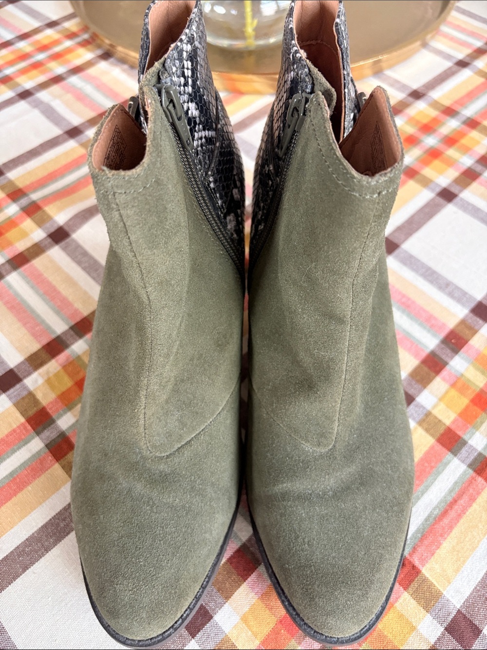 Vionic 10W Women’s Olive Suede Ankle Boot with Snake-Print Trim